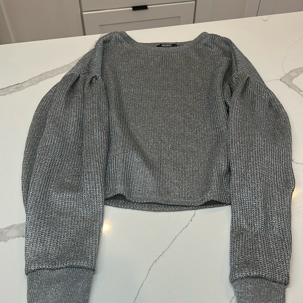 Zara mesh silver sweater with puff sleeves size M